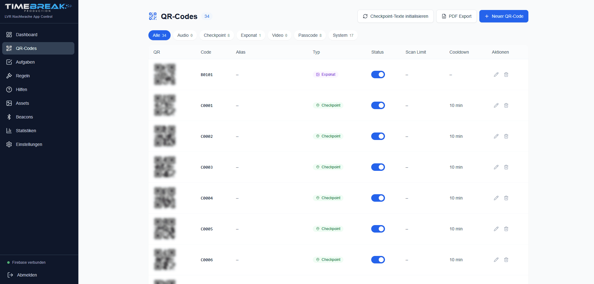 Backend screenshot: QR code management in LVR Nachtwache App Control